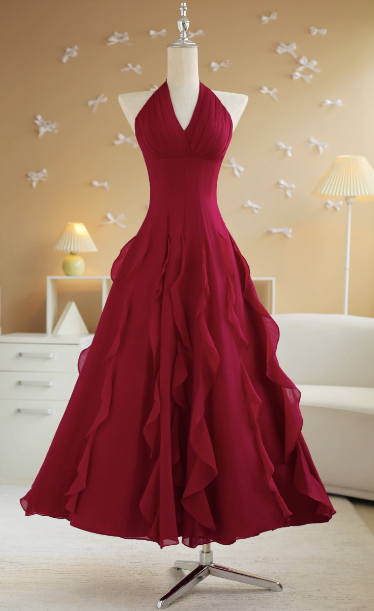 SÒ VINTAGE - ROSELA Đầm maxi đỏ đô tùng bèo, cổ yếm