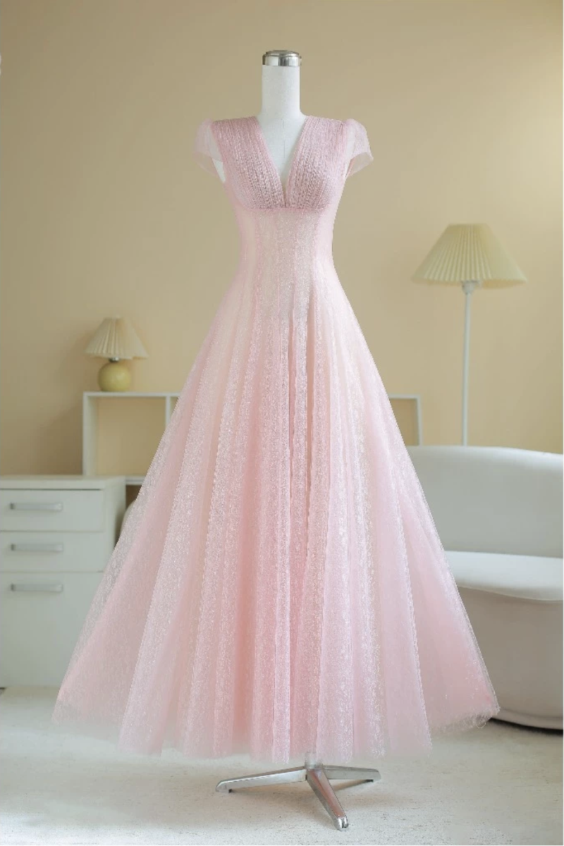 SÒ VINTAGE - ACELIA đầm ren lót lưới dập li cổ V dáng xoè