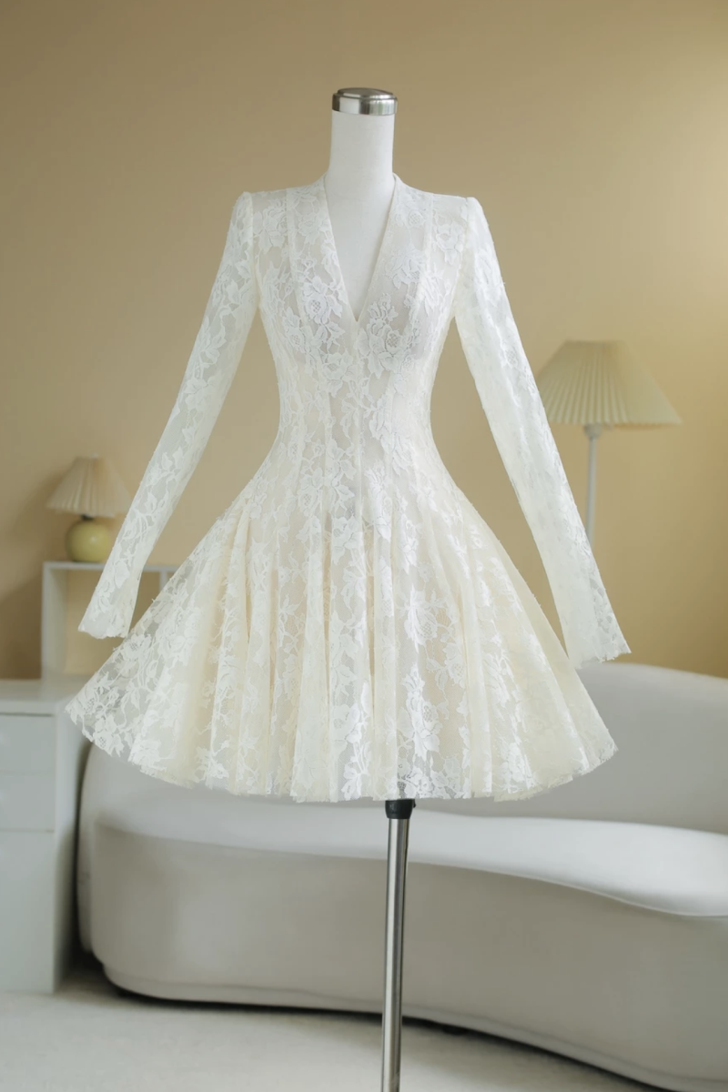 SÒ VINTAGE - LUCIANA đầm ren ngắn tay dài phối lưới, phom xòe kèm chân váy lót nâu da