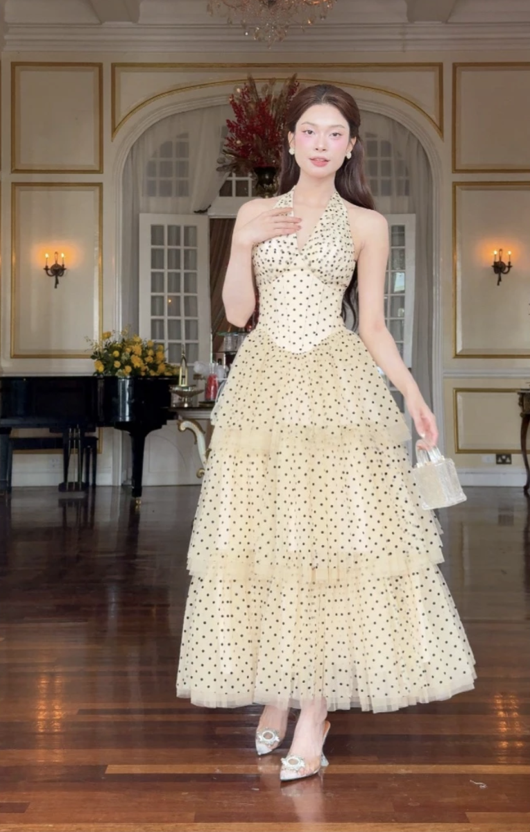 SÒ VINTAGE - ELOISE Đầm cổ yếm chấm bi ba tầng